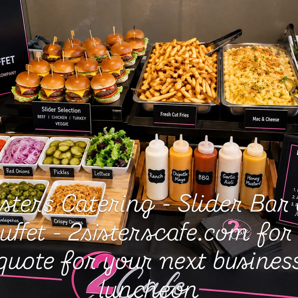 2 Cafe slider buffet featuring mini burgers, fries, macaroni and cheese, Caesar salad, toppings, and assorted sauces.