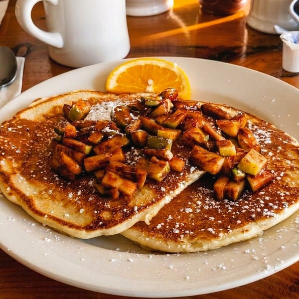 Fluffy pancakes topped with caramelized apples, powdered sugar, and an orange slice on a wooden table.