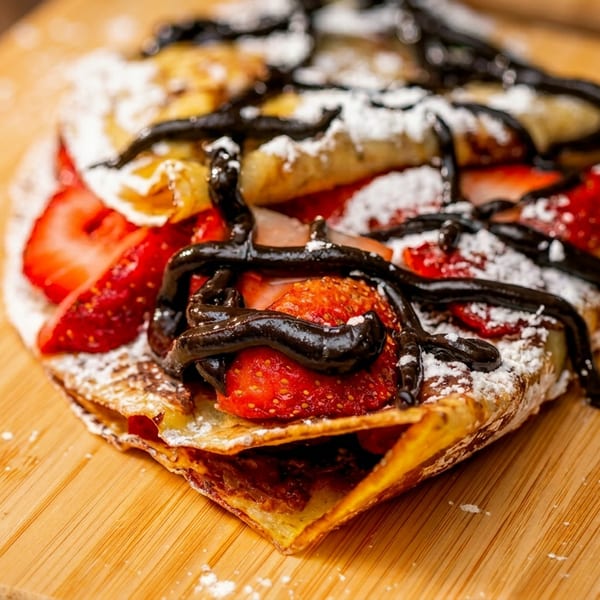 A strawberry and chocolate crepe, dusted with powdered sugar, rests on a wooden board.