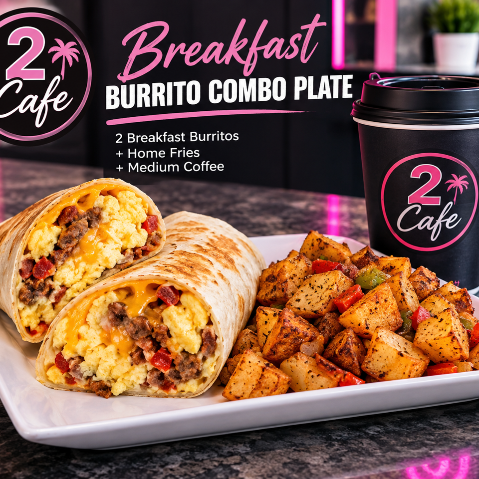 Two breakfast burritos with scrambled eggs, sausage, cheese, home fries, and coffee on a plate at 2 Cafe.