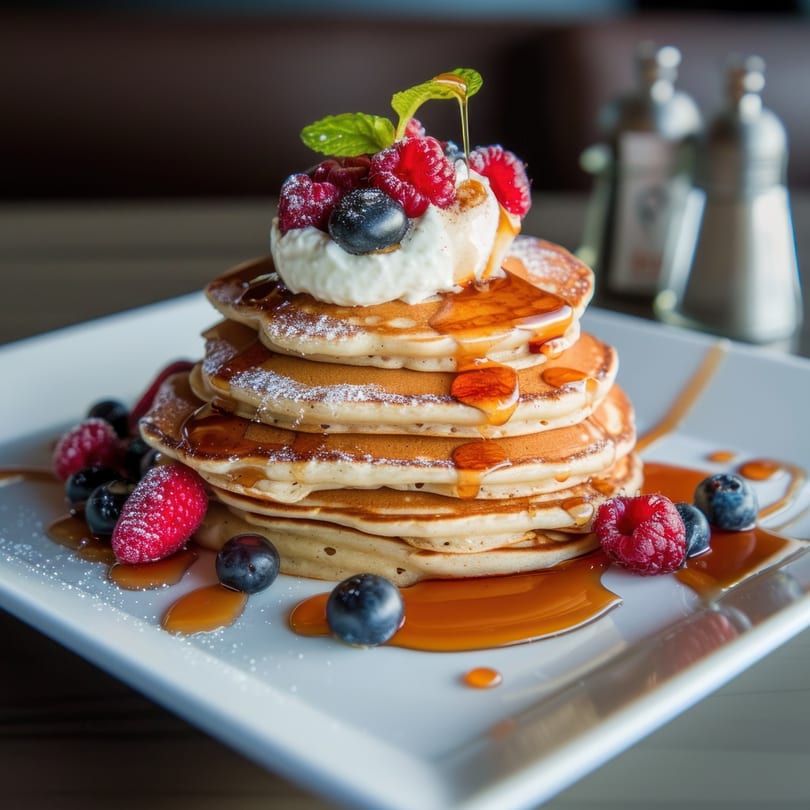 Stack of pancakes with whipped cream, berries, and syrup drizzling down on a white plate.