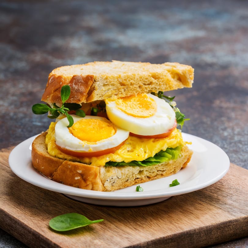An open-faced egg salad sandwich with sliced hard-boiled eggs, lettuce, and tomatoes on a white plate.